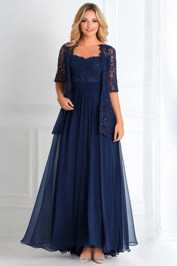 Elégant bleu marine une ligne col bateau mousseline de soie dentelle applique longue mère de la mariée robe avec manches 3/4